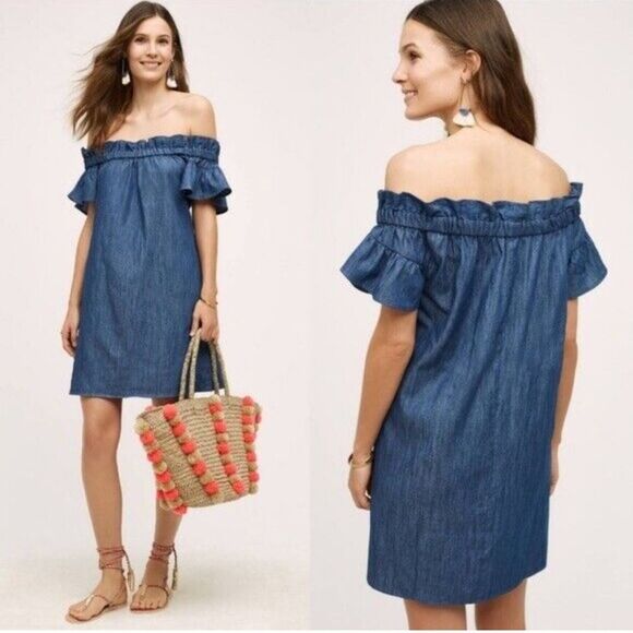 Anthropologie Corey Lynn Calter Chambray Off Shoulder Ruffle Dress Size LP - Picture 1 of 6